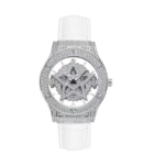Women’s Quartz Analog Watch – Crystal Dial, White Leather Strap