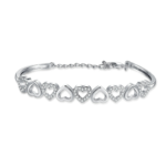 White Gold Plated Hearts Bangle Adjustable Bracelet with Crystal Accents – 7 inches